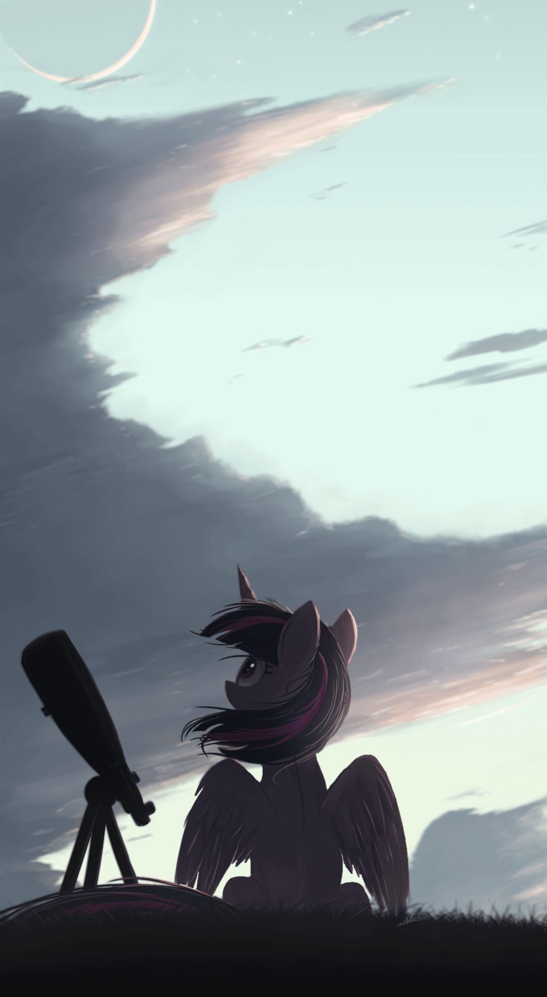 Size: 1098x2000 | Tagged: safe, artist:ncmares, artist:rawrexe, edit, character:twilight sparkle, character:twilight sparkle (alicorn), species:alicorn, species:pony, g4, animated, cloud, gif, leaves, moon, sky, solo, spread wings, telescope, wings