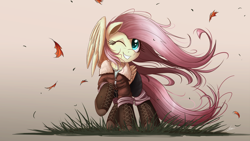 Size: 2000x1125 | Tagged: safe, artist:ncmares, character:fluttershy, species:pegasus, species:pony, g4, boots, clothing, cute, female, hoof boots, jacket, mare, one eye closed, pants, raised hoof, shyabetes, signature, smiling, solo, wind, windswept mane