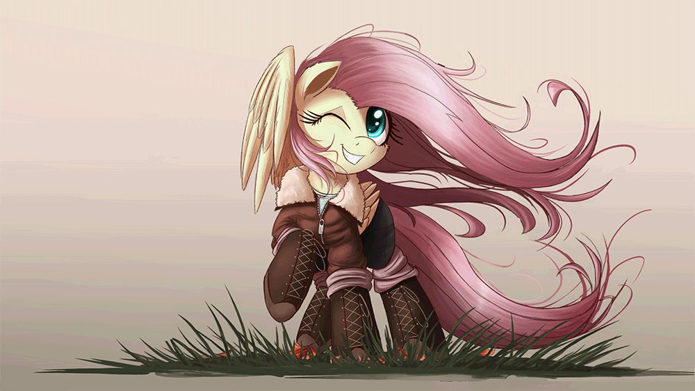 Size: 1000x563 | Tagged: safe, artist:ncmares, artist:rawrexe, character:fluttershy, species:pegasus, species:pony, g4, animated, clothing, female, gif, grin, hoof boots, jacket, mare, one eye closed, smiling, solo, wind, windswept mane