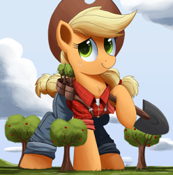 Size: 2000x2015 | Tagged: safe, artist:ncmares, character:applejack, species:earth pony, species:pony, g4, applejack bunyan, big-apple-pony, chest fluff, clothing, cowboy hat, cute, freckles, giant pony, hat, jackabetes, johnny appleseed, macro, ncmares is trying to murder us, pants, paul bunyan, plaid shirt, shovel, signature, solo, stetson