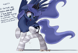 Size: 2500x1703 | Tagged: safe, artist:ncmares, character:princess luna, species:pony, g4, big-pon, clothing, cute, destruction, dialogue, floppy ears, giant pony, macro, mega luna, micro, open mouth, raised hoof, socks, spread wings, striped socks, thigh highs, wings