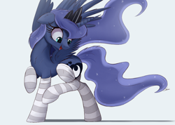 Size: 2500x1784 | Tagged: safe, artist:ncmares, character:princess luna, species:alicorn, species:pony, g4, ask majesty incarnate, clothing, cute, female, floppy ears, fluffy, happy, looking back, lunabetes, mare, open mouth, raised hoof, raised leg, simple background, smiling, socks, solo, spread wings, striped socks, thigh highs, white background, wide eyes, wings