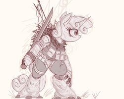 Size: 5000x4000 | Tagged: safe, artist:ncmares, character:sweetie belle, species:pony, species:unicorn, fanfic:night mares, g4, absurd resolution, augmented, biohacking, bipedal, clothing, cyborg, female, hooves, horn, mare, monochrome, sketch, solo, weapon