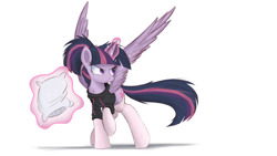 Size: 1932x1087 | Tagged: safe, artist:ncmares, edit, character:twilight sparkle, character:twilight sparkle (alicorn), species:alicorn, species:pony, g4, bed mane, clothing, frown, glare, hoodie, levitation, magic, majestic as fuck, pillow, ponytail, raised hoof, serious, socks, solo, spread wings, stockings, sweater, telekinesis, wallpaper, wallpaper edit, wings