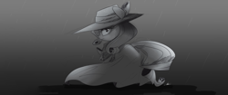 Size: 2709x1143 | Tagged: safe, artist:ncmares, edit, character:rarity, species:pony, species:unicorn, episode:rarity investigates, g4, my little pony: friendship is magic, clothing, detective, looking at you, monochrome, noir, rain, solo, ultra widescreen, wallpaper, wallpaper edit, widescreen