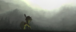 Size: 3333x1406 | Tagged: safe, artist:ncmares, edit, character:applejack, species:earth pony, species:pony, g4, fog, glow, scenery, solo, staff, ultra widescreen, wallpaper, wallpaper edit, widescreen