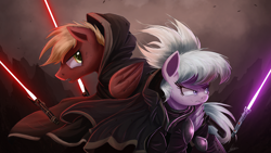 Size: 4000x2250 | Tagged: safe, artist:ncmares, character:cloudchaser, oc, oc:neostrike, species:pegasus, species:pony, g4, cloak, clothing, commission, crossover, duo, jedi, lightsaber, neochaser, sith, star wars, weapon