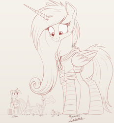 Size: 6940x7467 | Tagged: safe, artist:ncmares, character:applejack, character:princess cadance, character:princess celestia, character:princess luna, character:twilight sparkle, character:twilight sparkle (alicorn), species:alicorn, species:pony, comic:big celly, g4, absurd resolution, big-pon, biglestia, bus, clothing, crystal empire, cute, fluffy, forest, giant pony, giantlestia, golden oaks library, hoodie, house, looking down, looking up, macro, mega cadance, mega luna, mega twilight sparkle, messy mane, monochrome, raised hoof, simple background, sitting, size comparison, size difference, smiling, socks, striped socks, tree, wide eyes