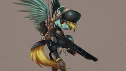 Size: 2000x1125 | Tagged: safe, artist:ncmares, character:lightning dust, species:pegasus, species:pony, g4, alien (franchise), body armor, bruised, clothing, crossover, flying, gun, solo, weapon