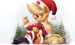 Size: 2500x1504 | Tagged: safe, artist:ncmares, character:applejack, character:rainbow dash, species:pony, g4, bag, big-apple-pony, boots, christmas, clothing, cute, dashabetes, destruction, duo, fence, fir tree, giant pony, hat, macro, open mouth, outfit, present, reindeer dash, santa claus, santa hat, signature, sitting, size difference, smiling, smoldash, snow, socks, striped socks, tree, unamused, underhoof