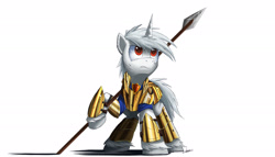 Size: 2500x1429 | Tagged: safe, artist:ncmares, oc, oc only, oc:ultima, species:pony, species:unicorn, g4, armor, simple background, solo, spear, weapon, white background