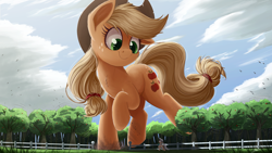 Size: 3000x1688 | Tagged: safe, artist:ncmares, character:applejack, character:mayor mare, species:pony, g4, apple tree, big-apple-pony, butt freckles, chest fluff, cute, female, giant pony, giantess, jackabetes, macro, scenery, smiling, sweet apple acres, tree, wide eyes