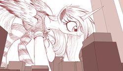 Size: 2000x1157 | Tagged: safe, artist:ncmares, character:princess cadance, species:pony, g4, big-pon, city, clothing, cute, cutedance, giant pony, hoodie, macro, monochrome, sketch, socks, solo, striped socks, tongue out