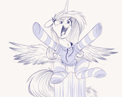 Size: 2000x1594 | Tagged: safe, artist:ncmares, edit, character:princess cadance, species:pony, g4, angry, ask majesty incarnate, chest fluff, clothing, hoodie, monochrome, open mouth, sketch, socks, solo, striped socks