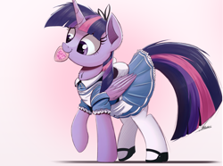 Size: 2000x1484 | Tagged: safe, artist:ncmares, character:twilight sparkle, character:twilight sparkle (alicorn), species:alicorn, species:pony, g4, alice in wonderland, chest fluff, clothing, cute, dress, female, fluffy, gradient background, mare, mouth hold, nom, raised hoof, raised leg, signature, smiling, solo, twiabetes, what could possibly go wrong