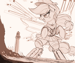 Size: 1500x1268 | Tagged: safe, artist:ncmares, character:applejack, species:earth pony, species:pony, g4, anime, big-apple-pony, bipedal, boatpony, cannon, clothing, crossover, dress, female, giant pony, hat, kantai collection, macro, monochrome, open mouth, panties, panty shot, sketch, skirt, skirt lift, smiling, solo, underwear, uss iowa