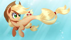 Size: 2250x1272 | Tagged: safe, artist:ncmares, character:applejack, species:seapony (g4), g4, my little pony: the movie (2017), seaponified, seapony applejack, solo, species swap, underwater, water
