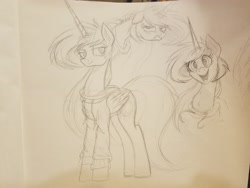 Size: 4032x3024 | Tagged: safe, artist:ncmares, character:princess celestia, species:alicorn, species:pony, g4, clothing, monochrome, photo, sketch, smiling, solo, traditional art