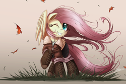 Size: 2000x1333 | Tagged: safe, artist:ncmares, character:fluttershy, species:pegasus, species:pony, g4, boots, clothing, cute, female, hoof boots, jacket, mare, one eye closed, pants, raised hoof, shyabetes, signature, solo, wind, windswept mane