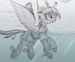 Size: 3000x2500 | Tagged: safe, artist:ncmares, character:twilight sparkle, character:twilight sparkle (alicorn), species:alicorn, species:pony, g4, boat, boatpony, clothing, giant pony, horn impalement, kantai collection, macro, pantyhose, sketch, skirt, snorkel, submarine, swimming, tail wrap, uniform