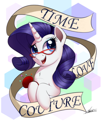 Size: 1500x1791 | Tagged: safe, artist:ncmares, character:rarity, species:pony, species:unicorn, g4, abstract background, banner, commission, female, glasses, mare, needle, open mouth, open smile, pincushion, rules of rarity, signature, smiling, solo, text, three quarter view