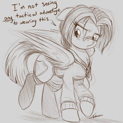 Size: 2048x2048 | Tagged: safe, artist:ncmares, oc, oc only, oc:kite, species:pegasus, species:pony, g4, bandage, clothing, commission, dialogue, female, hoodie, mare, monochrome, sketch, socks, solo