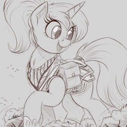 Size: 2048x2048 | Tagged: safe, artist:ncmares, oc, oc only, oc:altus bastion, species:pony, species:unicorn, g4, armor, clothing, commission, female, giant pony, giantess, gray background, guardsmare, happy, macro, mare, monochrome, open mouth, raised hoof, royal guard, saddle bag, scarf, simple background, sketch, solo