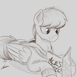 Size: 2048x2048 | Tagged: safe, artist:ncmares, oc, oc only, oc:equalizer, species:pegasus, species:pony, g4, clothing, commission, dialogue, gray background, hoodie, male, monochrome, prone, reading, simple background, sketch, solo, stallion