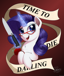 Size: 800x955 | Tagged: safe, artist:ncmares, edit, character:rarity, species:pony, species:unicorn, g4, banner, commission, darling, female, glasses, imminent murder, knife, magic, mare, needle, open mouth, pincushion, rules of rarity, signature, solo, telekinesis, yandere, yanderity