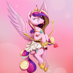 Size: 1280x1280 | Tagged: safe, artist:ncmares, character:princess cadance, species:alicorn, species:pony, g4, arrow, blep, bow (weapon), bow and arrow, cupid, cupidance, cute, cutedance, female, flying, looking at you, mare, one eye closed, smiling, solo, spread wings, tongue out, watermark, weapon, wings, wink