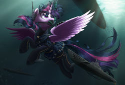 Size: 2000x1364 | Tagged: safe, artist:ncmares, character:twilight sparkle, character:twilight sparkle (alicorn), species:alicorn, species:pony, g4, boatpony, clothing, giant pony, kantai collection, macro, shipmare, snorkel, solo, spread wings, submarine, u-boat, underwater, wetsuit, wings