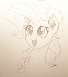 Size: 2000x2276 | Tagged: safe, artist:ncmares, character:pinkie pie, species:earth pony, species:pony, g4, bust, chest fluff, female, mare, monochrome, open mouth, portrait, smiling, solo, traditional art