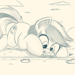 Size: 2048x2048 | Tagged: safe, artist:ncmares, oc, oc only, oc:southern belle, species:earth pony, species:pony, g4, commission, cute, female, giant pony, macro, mare, monochrome, sketch, solo, train