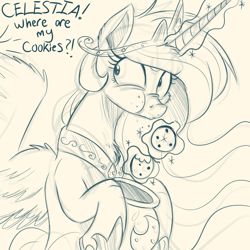 Size: 2048x2048 | Tagged: safe, artist:ncmares, character:princess celestia, species:alicorn, species:pony, g4, caught, commission, cookie, cookie jar, cute, cutelestia, eating, female, food, magic, mare, monochrome, nose wrinkle, scrunchy face, sketch, solo, telekinesis, this will end in tears and/or a journey to the sun