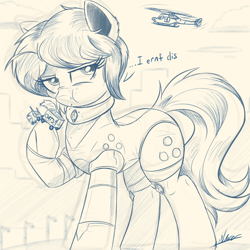 Size: 2048x2048 | Tagged: safe, artist:ncmares, oc, oc only, oc:ultramare, species:earth pony, species:pony, g4, commission, dialogue, eating, female, food, giant pony, helicopter, macro, mare, monochrome, oats, sketch, truck