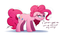 Size: 2000x1145 | Tagged: safe, artist:ncmares, character:pinkie pie, species:earth pony, species:pony, newbie artist training grounds, g4, atg 2017, cheek fluff, chest fluff, dialogue, ear fluff, female, floppy ears, frown, glare, looking at you, mare, sarcasm, simple background, solo, standing, unamused, white background