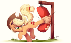 Size: 3364x2048 | Tagged: safe, artist:ncmares, character:applejack, species:earth pony, species:pony, newbie artist training grounds, g4, applebucking, atg 2017, clothing, cowboy hat, female, freckles, hat, mare, ncmares is trying to murder us, punching bag, signature, solo, stetson, underhoof