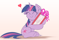 Size: 3000x2048 | Tagged: safe, artist:ncmares, character:twilight sparkle, character:twilight sparkle (unicorn), species:pony, species:unicorn, newbie artist training grounds, g4, atg 2017, book, bookhorse, cheek fluff, chest fluff, cute, eyes closed, female, filly, filly twilight sparkle, floppy ears, gradient background, heart, hug, sitting, smiling, solo, that pony sure does love books, twiabetes, underhoof, younger