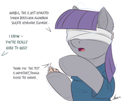 Size: 1500x1206 | Tagged: safe, artist:ncmares, character:maud pie, species:pony, newbie artist training grounds, g4, atg 2017, blindfold, clothing, dialogue, female, implied marble pie, offscreen character