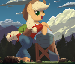 Size: 2500x2140 | Tagged: safe, artist:ncmares, character:applejack, species:earth pony, species:pony, g4, applejack bunyan, axe, bipedal, bipedal leaning, clothing, female, giant pony, leaning, macro, saddle bag, solo, tree, water tower, weapon, wip