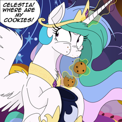 Size: 2048x2048 | Tagged: safe, artist:ncmares, edit, character:princess celestia, species:alicorn, species:pony, g4, cheek fluff, color edit, colored, cookie, cookie jar, cookie thief, cute, cutelestia, dialogue, female, food, implied princess luna, implied theft, jewelry, looking offscreen, mare, nose wrinkle, offscreen character, princess celestia's bedroom, recolor, regalia, scrunch, scrunchy face, speech bubble, this will end in tears and/or a journey to the sun