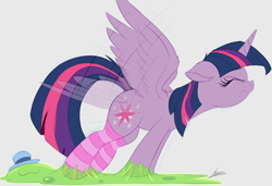 Size: 6000x4096 | Tagged: safe, artist:ncmares, character:smooze, character:twilight sparkle, character:twilight sparkle (alicorn), species:alicorn, species:pony, g4, :3, absurd resolution, adorable distress, breaking free, clothing, cute, ear fluff, eyes closed, female, flapping, floppy ears, frown, gray background, hat, mare, nose wrinkle, simple background, socks, spread wings, striped socks, struggling, stuck, white background, wing fluff, wings