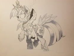 Size: 4032x3024 | Tagged: safe, artist:ncmares, character:twilight sparkle, character:twilight sparkle (unicorn), species:pony, species:unicorn, inktober, g4, armor, female, mare, raised hoof, scar, solo, traditional art