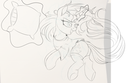Size: 1200x786 | Tagged: safe, artist:ncmares, character:sunset shimmer, species:pony, g4, clothing, cute, magic, monochrome, pillow, sketch, socks, solo, telekinesis, underhoof