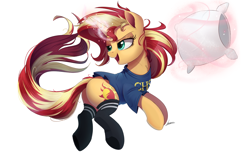 Size: 2500x1550 | Tagged: safe, artist:ncmares, character:sunset shimmer, species:pony, species:unicorn, g4, clothing, cute, female, magic, mare, pillow, pillow fight, plot, shimmerbetes, shirt, simple background, socks, solo, t-shirt, telekinesis, white background