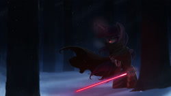 Size: 2832x1592 | Tagged: safe, artist:ncmares, character:twilight sparkle, character:twilight sparkle (alicorn), species:alicorn, species:pony, g4, cape, clothing, crossover, female, lightsaber, mare, scarf, sith, snow, snowfall, solo, star wars, wallpaper, weapon
