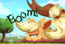 Size: 2500x1704 | Tagged: safe, artist:ncmares, part of a set, character:applejack, character:rainbow dash, species:earth pony, species:pegasus, species:pony, g4, apple, apple tree, big-apple-pony, cheek fluff, clothing, cowboy hat, crash, descriptive noise, ear fluff, faceplant, falling, female, floppy ears, food, freckles, giant pony, glare, grass field, hat, macro, mare, nose wrinkle, pillow, pomf, prone, puffy cheeks, scenery, snorting, so done, solo focus, stetson, tail, tree, unamused