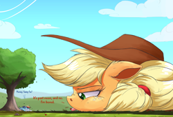 Size: 2500x1704 | Tagged: safe, artist:ncmares, part of a set, character:applejack, character:rainbow dash, species:earth pony, species:pegasus, species:pony, g4, apple, big-apple-pony, blep, bored, clothing, cowboy hat, cute, dialogue, eating, floppy ears, food, freckles, frown, fruit, giant pony, glare, hat, licking, macro, nose wrinkle, prone, scrunchy face, silly, size difference, tongue out, tree, unamused
