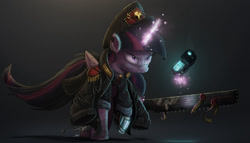 Size: 2000x1143 | Tagged: safe, artist:ncmares, character:twilight sparkle, character:twilight sparkle (alicorn), species:alicorn, species:pony, g4, amputee, chainsword, commissar, cyborg, energy weapon, female, mare, plasma pistol, prosthetic limb, prosthetics, scar, solo, warhammer (game), warhammer 40k, weapon