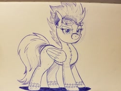 Size: 4032x3024 | Tagged: safe, artist:ncmares, character:spitfire, species:pegasus, species:pony, g4, absurd resolution, clothing, female, goggles, lineart, mare, monochrome, solo, traditional art, uniform, wonderbolts uniform